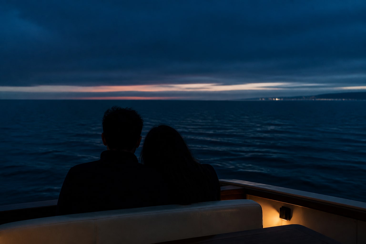 Anonymous fictional couple seated together at blue hour