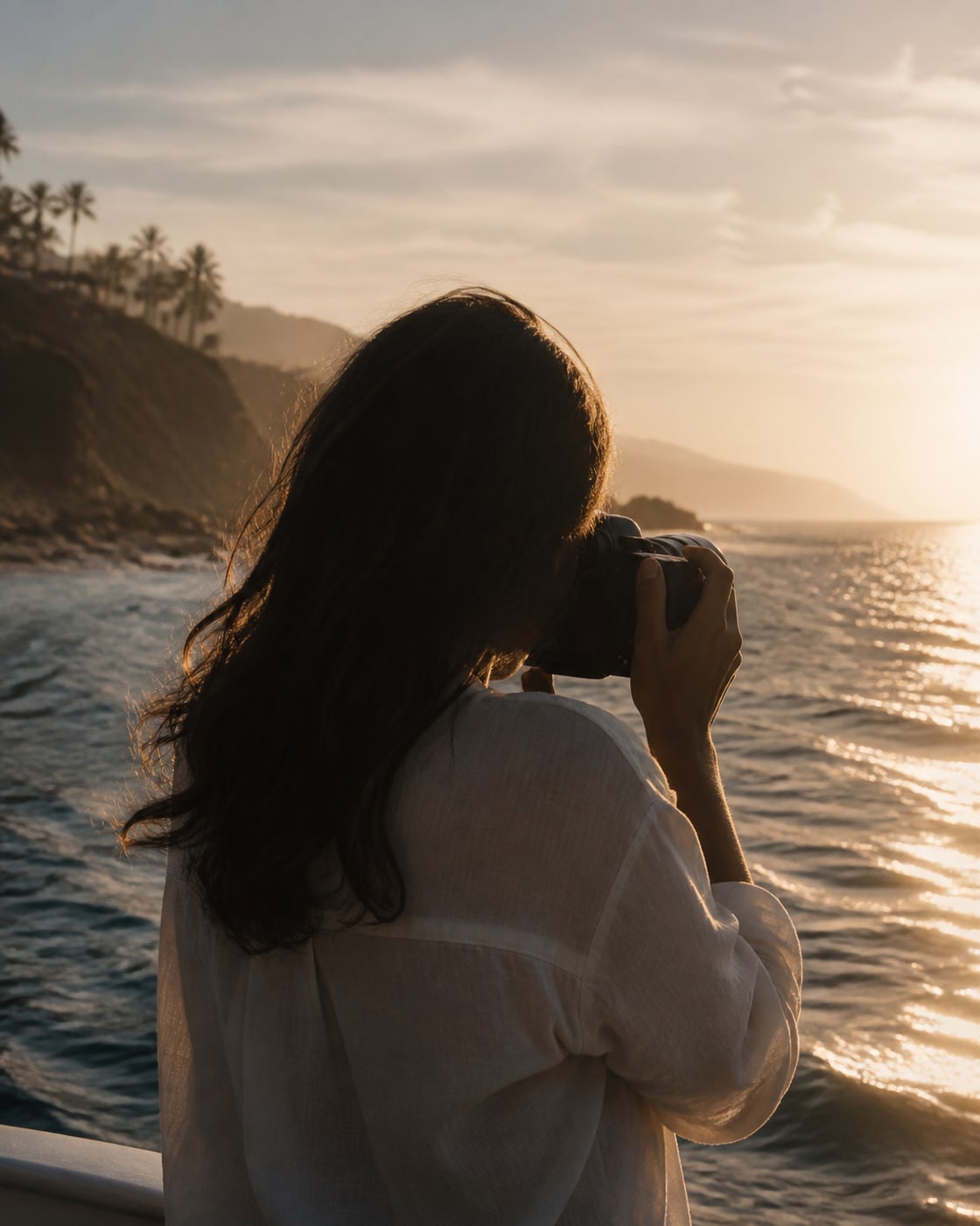 Anonymous fictional photographer observing the coast at golden hour