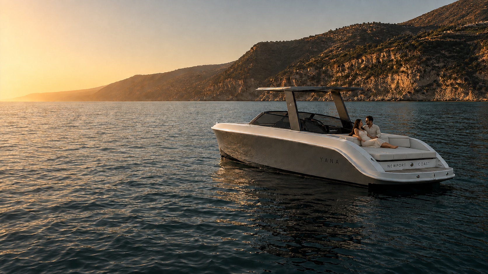 A romantic moment aboard YANA, the graphite RAND Supreme 27 with a black T-top — an illustrative visualization based on the owner's design