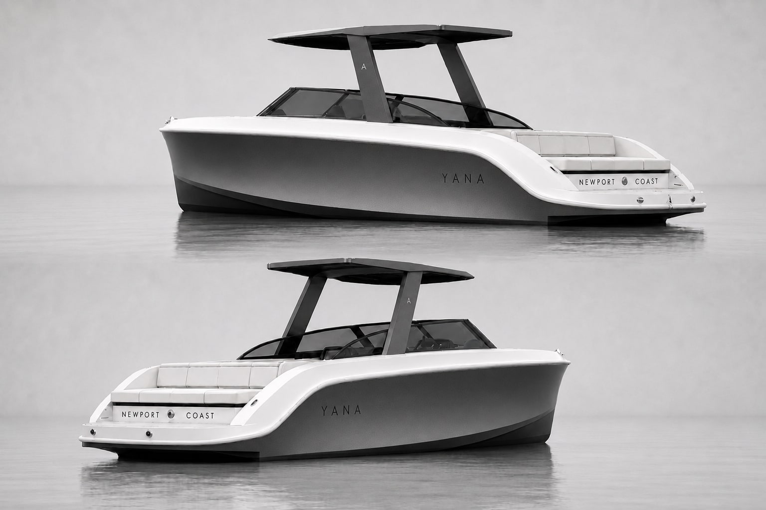 Illustrative two-view grey and white YANA dayboat rendering